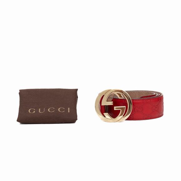 GUCCI Red Leather Signature Monogram Interlocking GG Gold Buckle Belt 100•40 main image 7